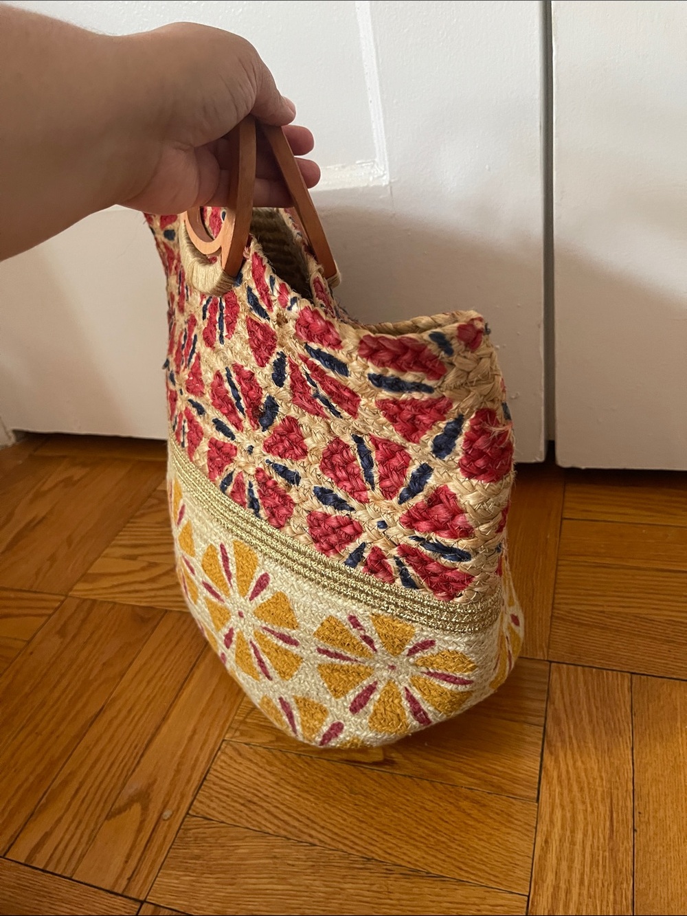 Antik Kraft Handwoven Floral Straw Raffia Jute Tote in Red, Mustard & Navy - Picture 7 of 11